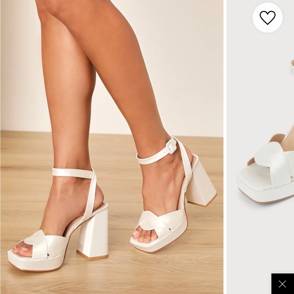 Off white satin platform ankle strap heels